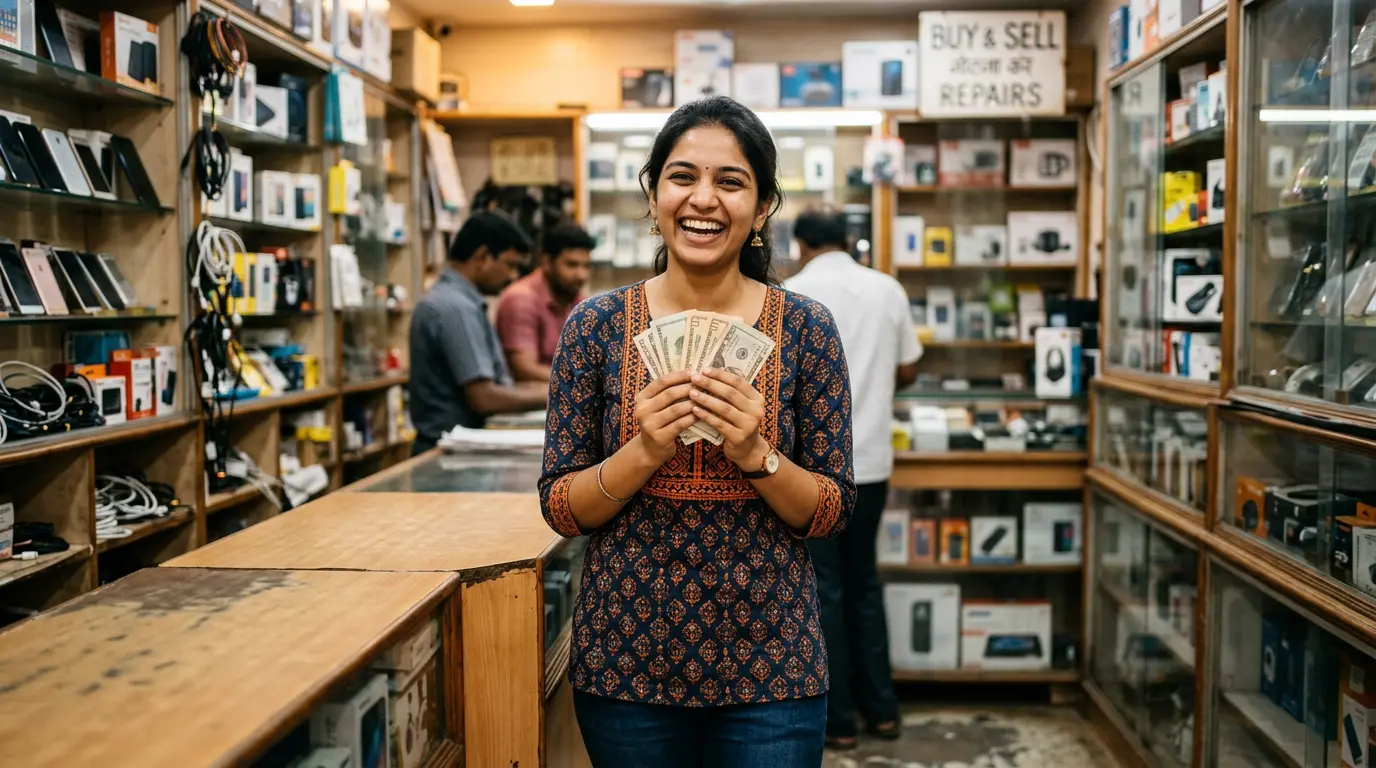 Happy seller getting paid cash for their electronics