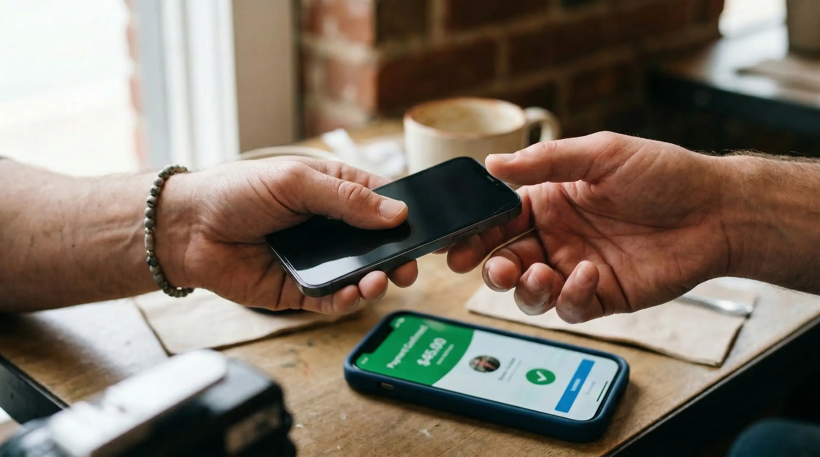 Person receiving cash payment for electronics